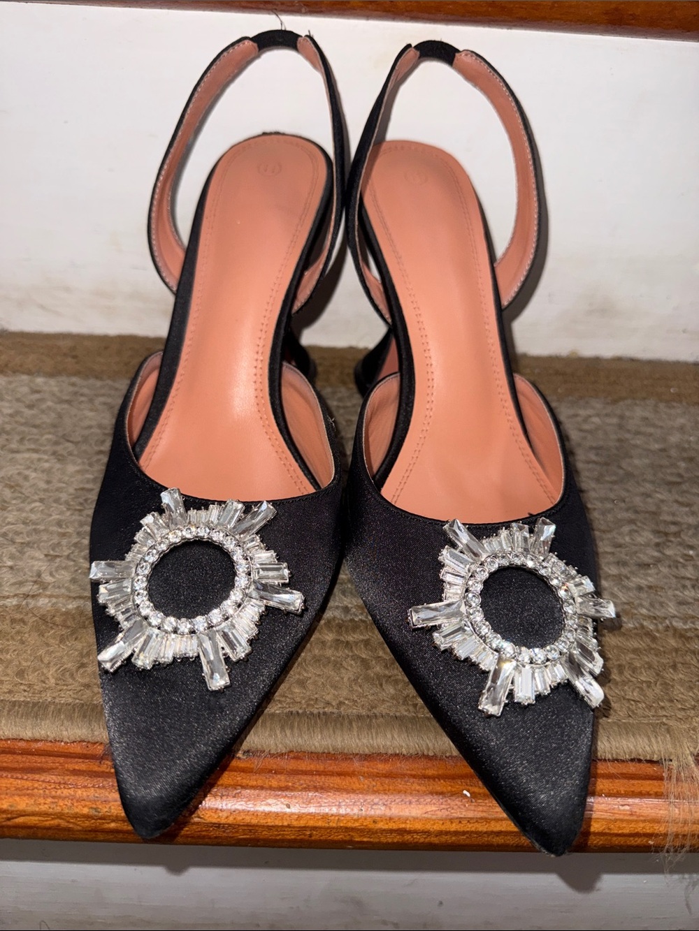 Elegant Black Pointed Slingback Heels with Crystal Medallion - Picture 7 of 11